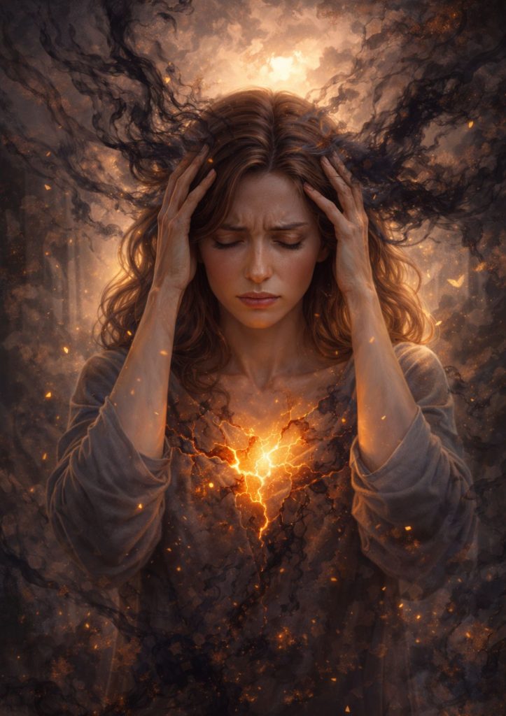 Illustration représentant des blocages émotionnels, une femme en tension intérieure avec une lumière au niveau du cœur symbolisant la libération émotionnelle