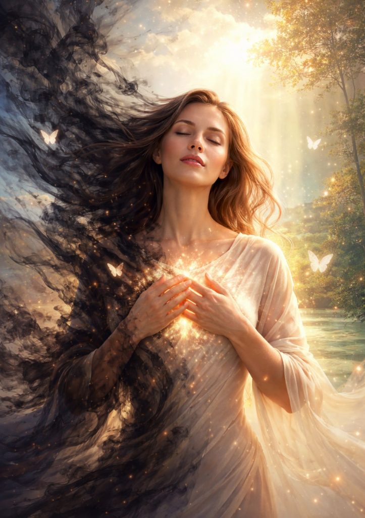 illustration symbolique du désenvoûtement montrant une femme retrouvant son équilibre émotionnel et sa lumière intérieure après une période d’influence perçue