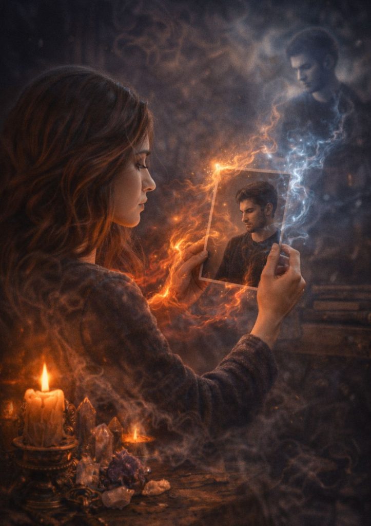 Illustration d’une femme ressentant un envoûtement à distance à travers une photo, symbolisant une influence énergétique et un lien émotionnel sans contact direct