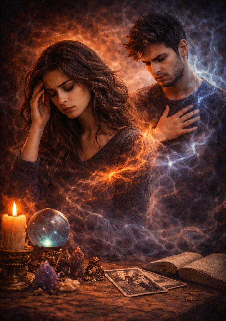 Couple ressentant une influence énergétique symbolique illustrant les signes d’un envoûtement et le déséquilibre émotionnel associé