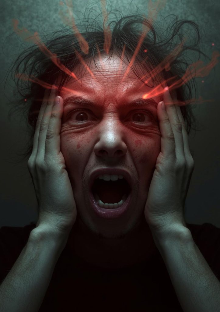 "Personne subissant une forte tension mentale et émotionnelle, symbolisant la confusion entre stress psychologique et influence énergétique
