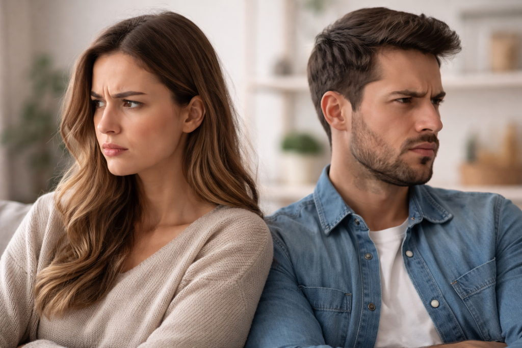 couple fâché évitant le regard avec tension émotionnelle visible sur les visages