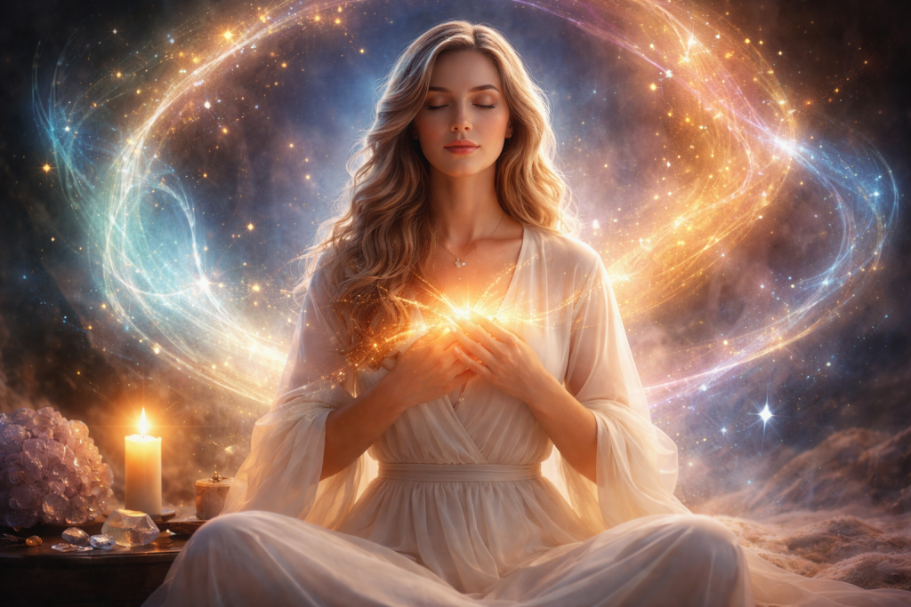 désenvoûtement à distance – femme méditant entourée d’une lumière énergétique dorée et bleue