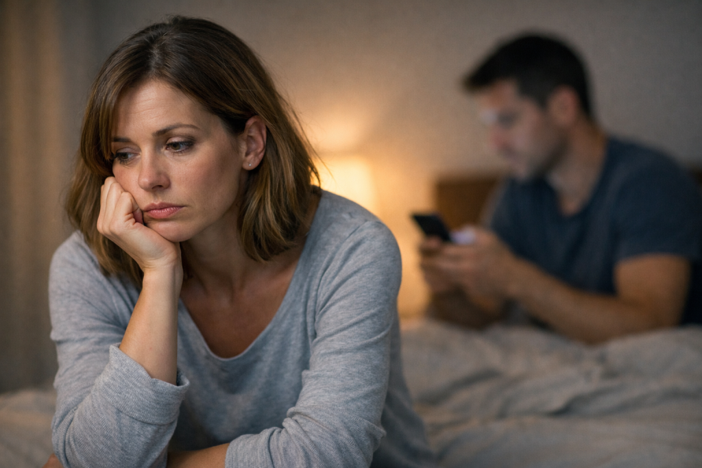 Femme en couple ressentant un manque affectif et une solitude intérieure malgré la présence de son partenaire