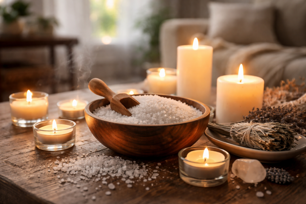 Purification gros sel dans une maison pour nettoyage énergétique et protection de l’espace