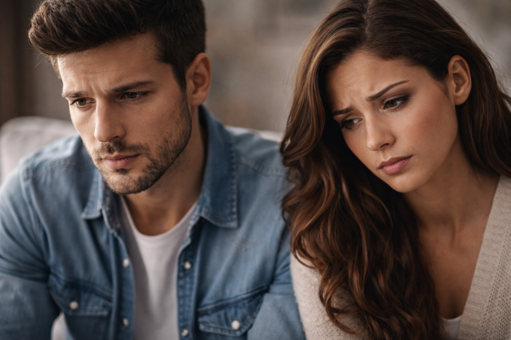 couple en difficulté relationnelle assis sur un canapé distance émotionnelle tristesse conflit amoureux