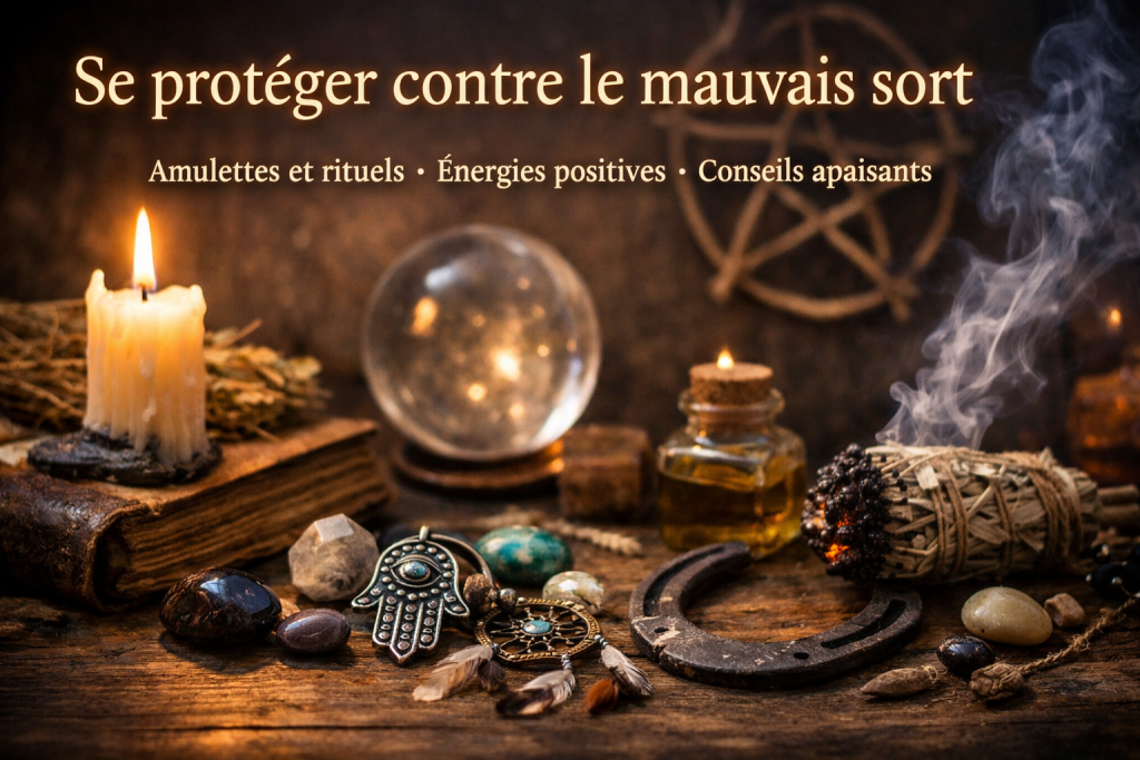 Scène ésotérique avec bougie, amulette main de Fatma, cristaux, livre ancien et fumigation de sauge pour se protéger contre le mauvais sort