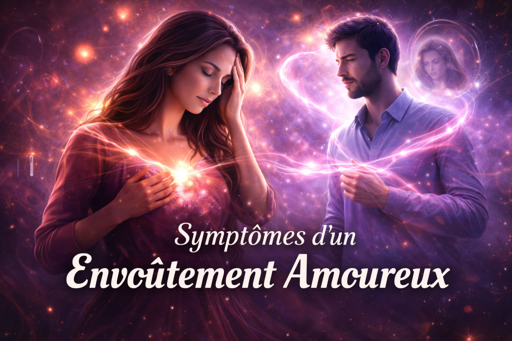 symptômes d’un envoûtement amoureux illustrés par une femme ressentant un trouble émotionnel et un lien énergétique intense avec une autre personne