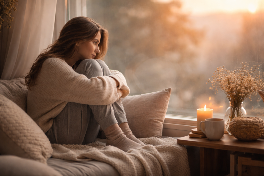 Femme assise près d’une fenêtre, lumière douce, image symbolisant la tristesse et la solitude intérieure