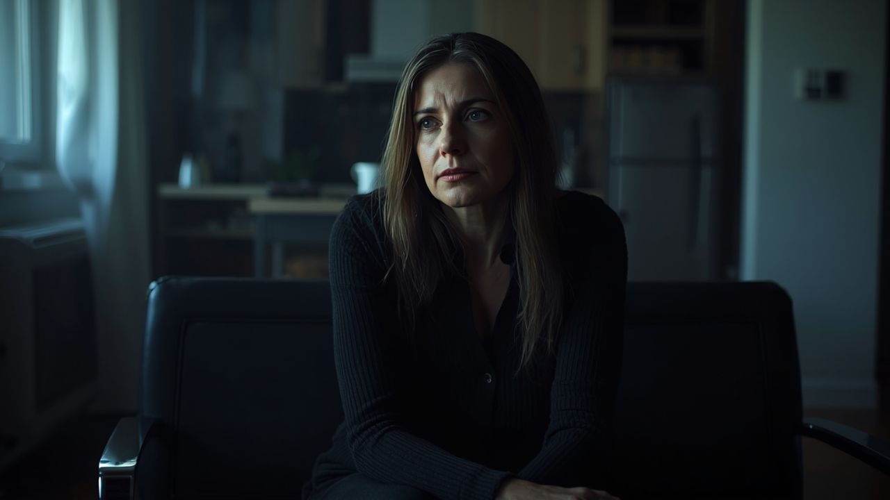 Femme seule assise dans un appartement sombre avec un regard triste et perdu évoquant la solitude affective
