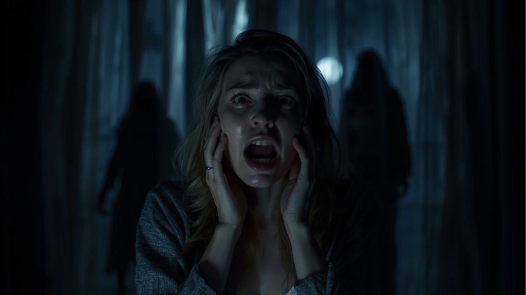 Une femme terrifiée au milieu d’un cauchemar, entourée de silhouettes sombres dans une atmosphère nocturne oppressante.
