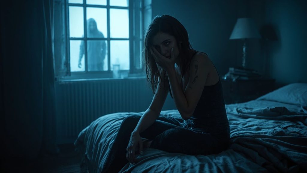 Femme angoissée assise sur un lit dans une pièce sombre avec une silhouette inquiétante derrière une fenêtre