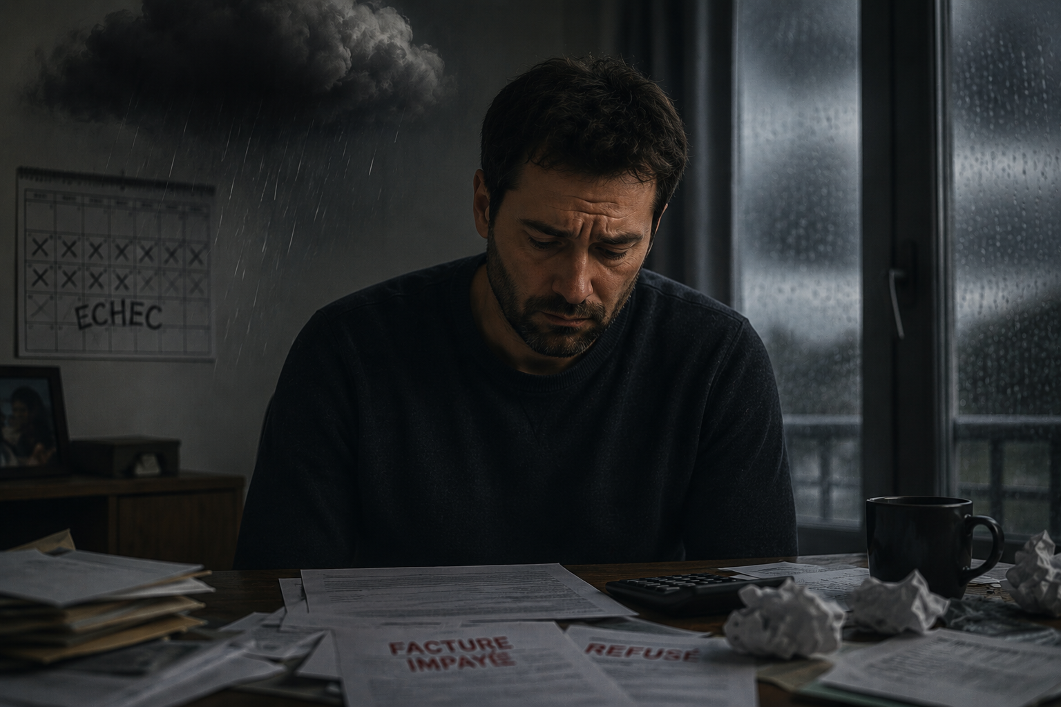 Homme fatigué et inquiet face à des factures impayées et des courriers de refus pendant une période de malchance.