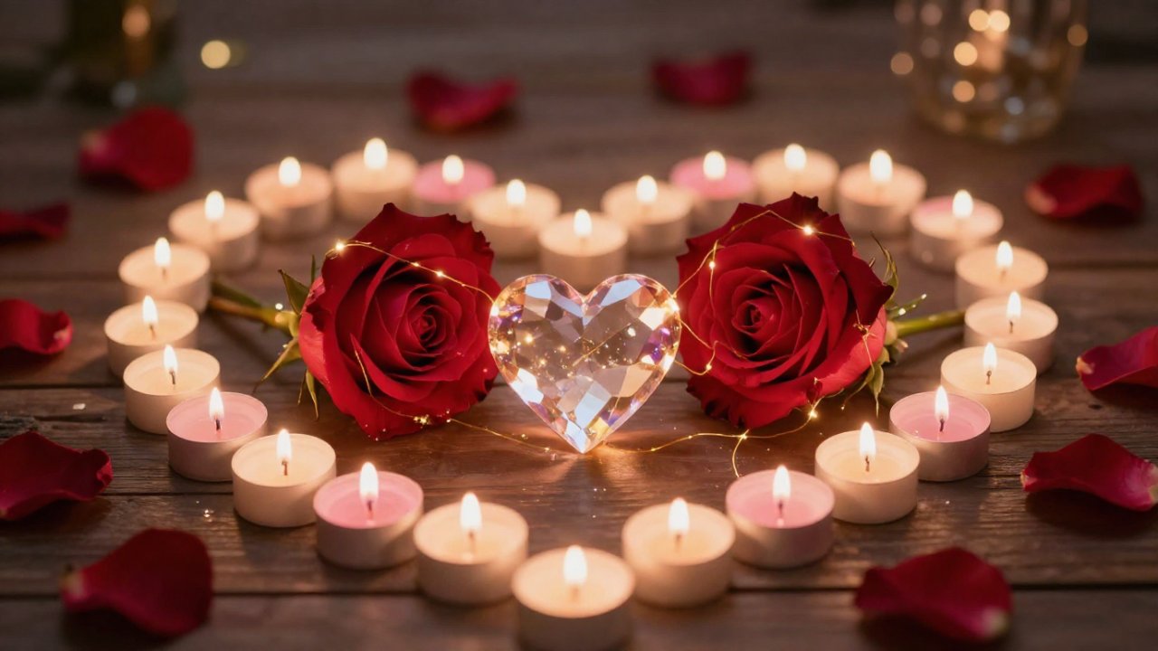 Magie blanche et amour, rituel avec des bougies disposées en forme de cœur, des roses rouges et un cristal central.