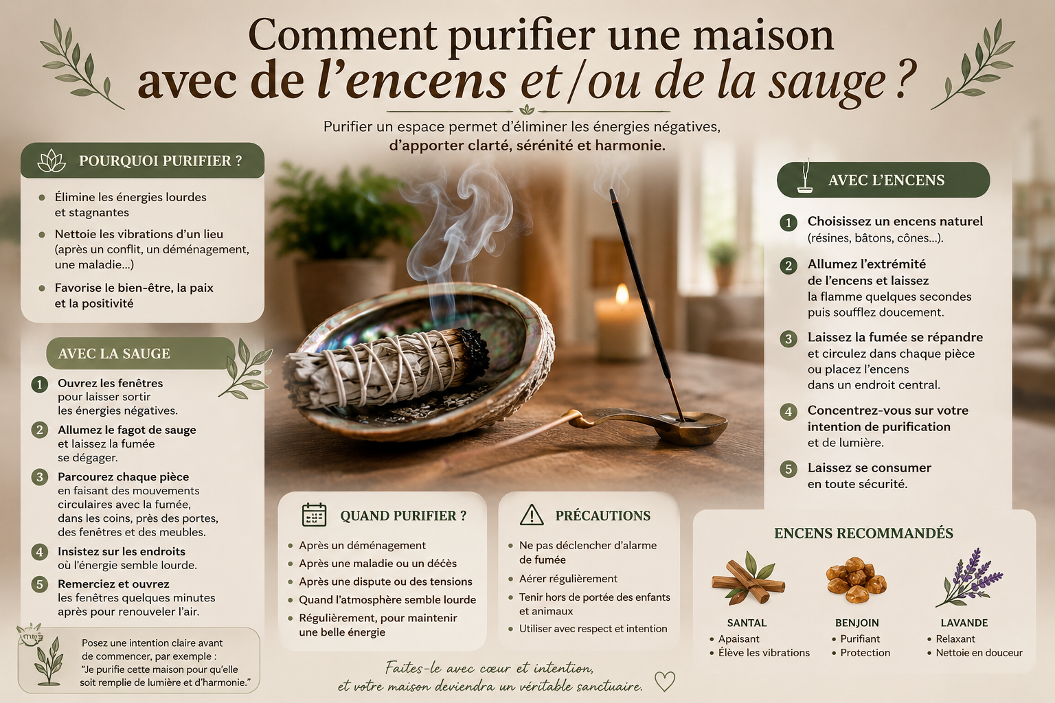 Rituel pour purifier une maison avec de la sauge blanche et de l'encens naturel