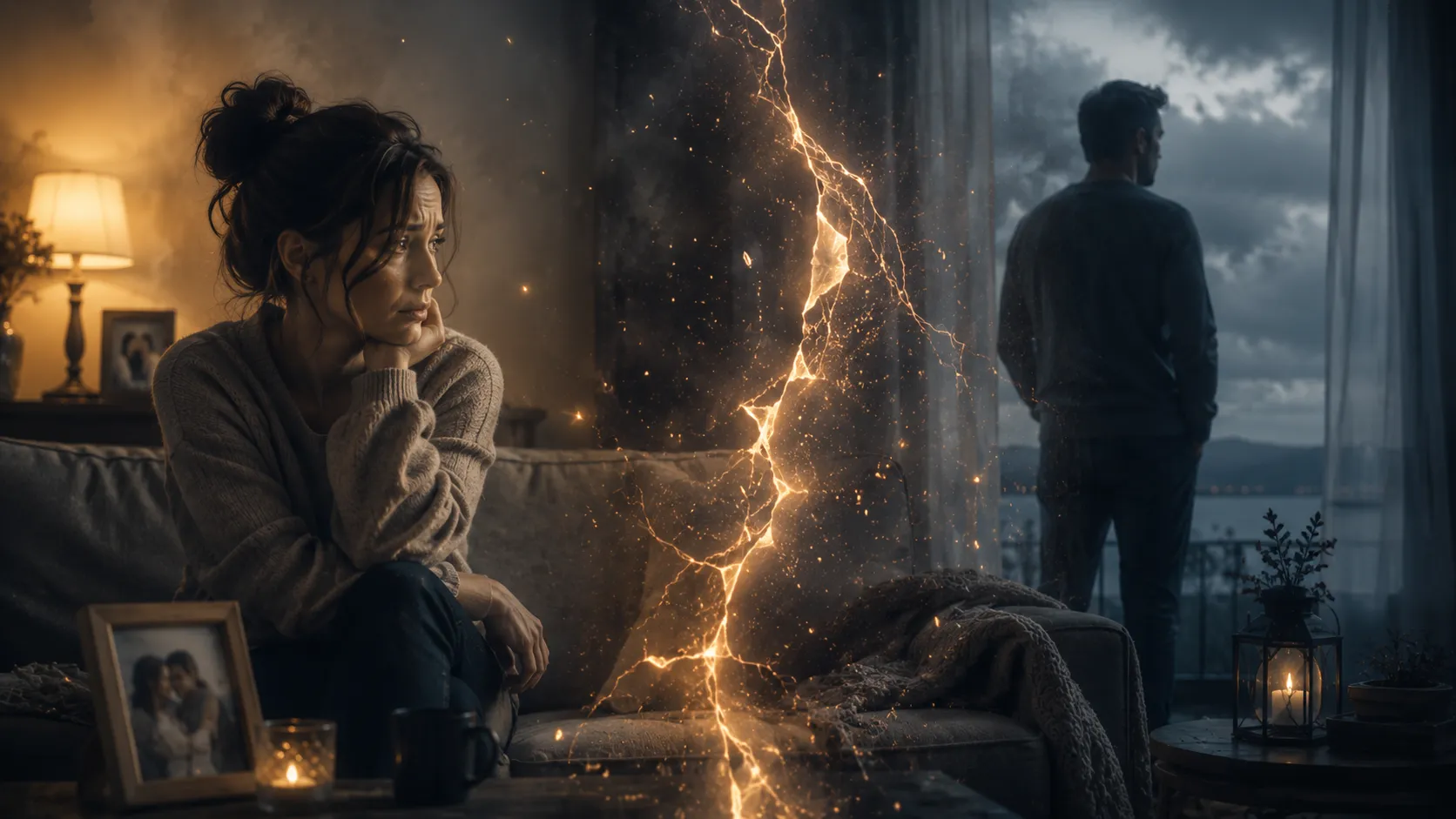 Femme assise sur un canapé, le regard vide, séparée de son mari qui regarde par la fenêtre par une fissure lumineuse et dorée, symbolisant la rupture émotionnelle et l'étrangeté dans le couple.