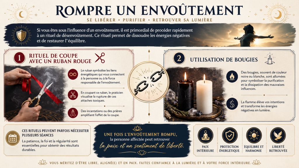rompre un envoûtement. la méthode pas à pas avec le rituel de coupe à l'aide d'un ruban rouge et l'utilisation de bougies.