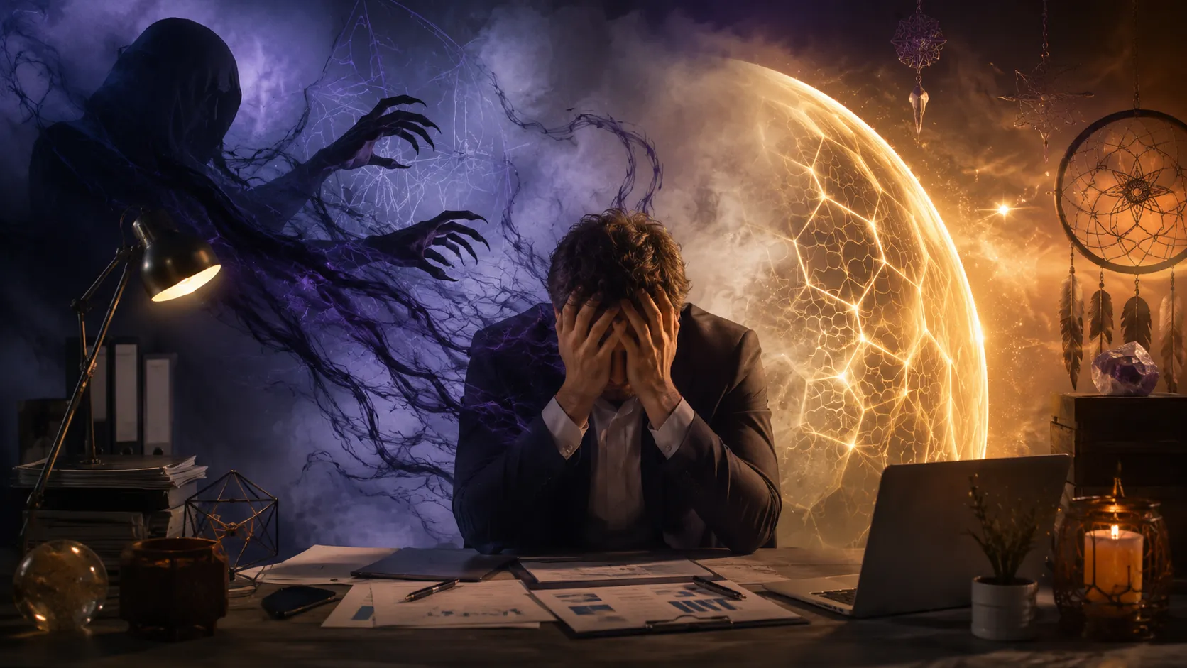 Homme en costume cachant son visage au bureau, entouré d'une ombre menaçante et d'une sphère d'énergie dorée, illustrant les signes d'attaque occulte en milieu professionnel.cercle eso