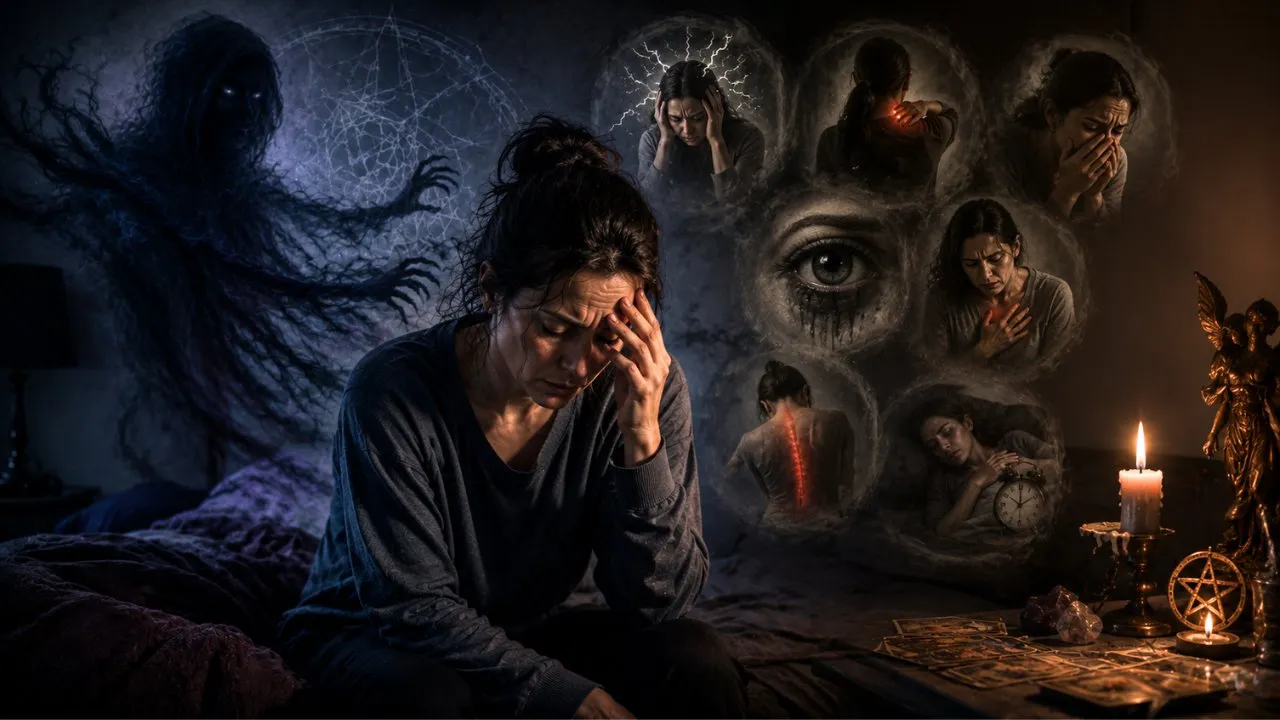 Symptômes physiques d'une attaque occulte : migraines, douleurs thoraciques et dorsales, insomnie et présence spirituelle menaçante.