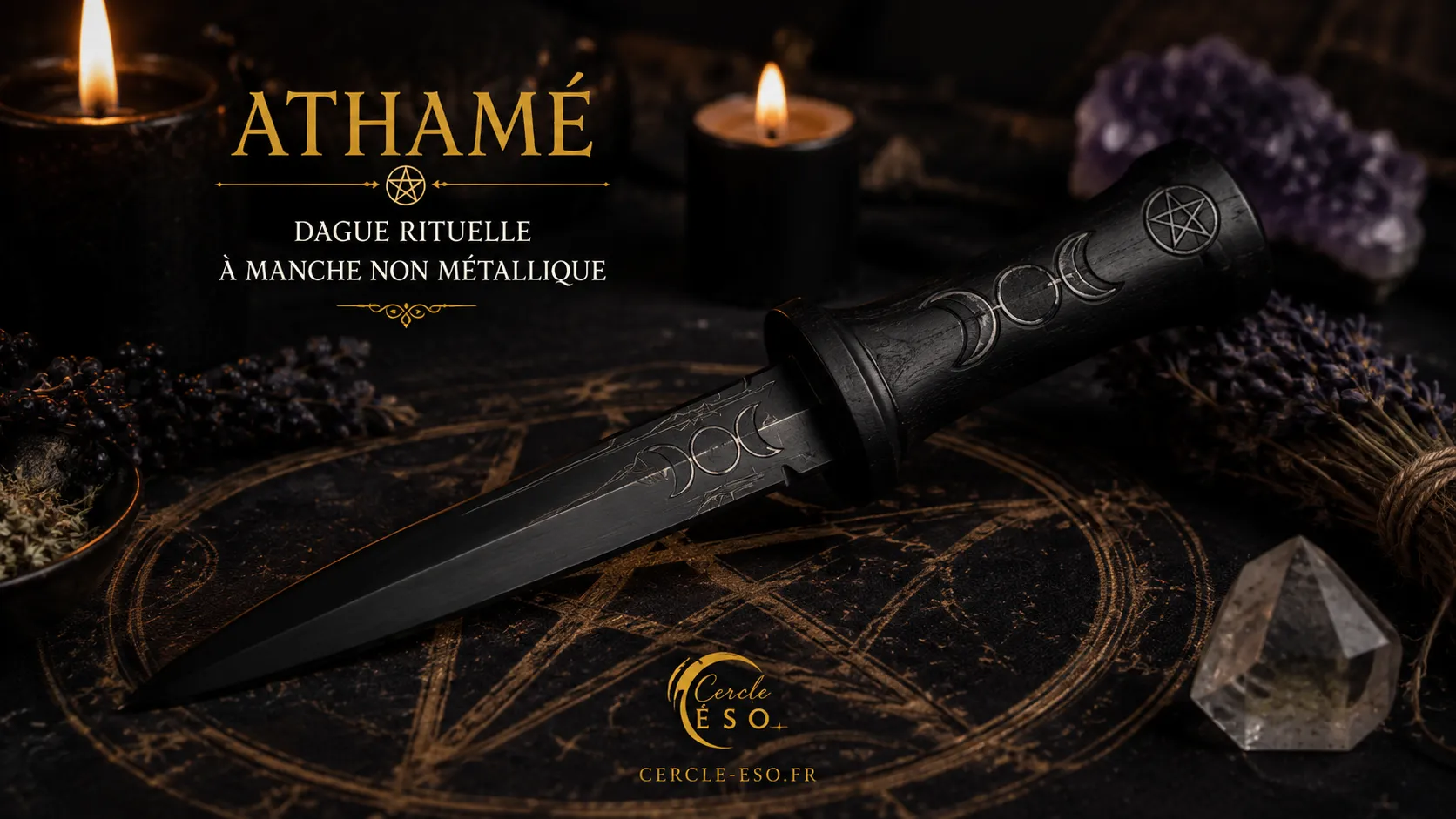 Athamé, dague rituelle ésotérique à manche non métallique utilisée dans les pratiques de magie, de sorcellerie et de Wicca.
