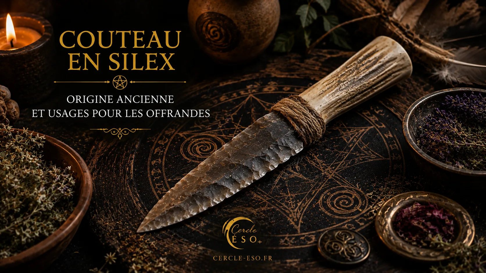 Couteau en silex utilisé dans certaines traditions anciennes et ésotériques pour les offrandes rituelles, les cérémonies symboliques et les pratiques spirituelles.