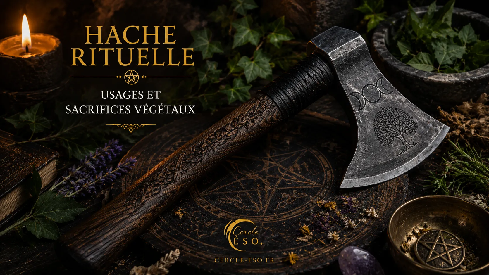 Hache rituelle utilisée dans certaines traditions ésotériques pour les usages symboliques, les sacrifices végétaux et les cérémonies rituelles.
