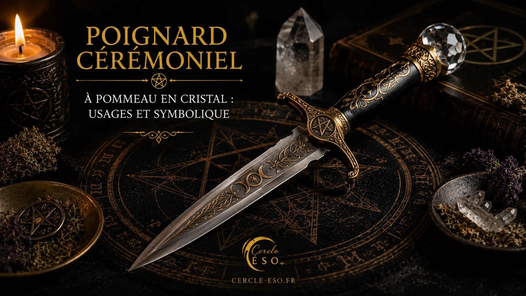 Poignard cérémoniel à pommeau en cristal utilisé dans certaines traditions ésotériques pour les rituels, la canalisation des énergies et les pratiques symboliques.