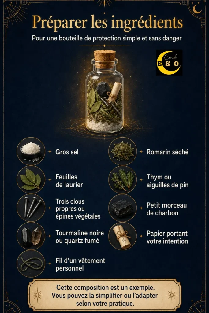 Infographie présentant les ingrédients d’une bouteille de protection : gros sel, romarin, laurier, thym, clous, charbon, tourmaline noire, papier d’intention et fil personnel.