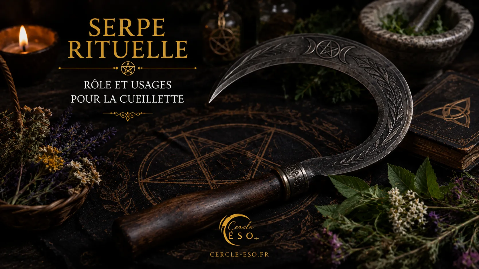 Serpe rituelle utilisée dans les traditions ésotériques pour la cueillette cérémonielle de plantes, d'herbes et de végétaux destinés aux rituels.